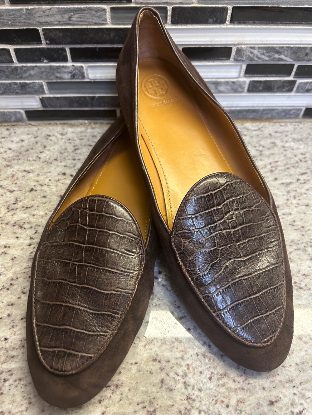 Tory Burch Brown Croc-Embossed Suede leather Slip-On Loafers size 9.5